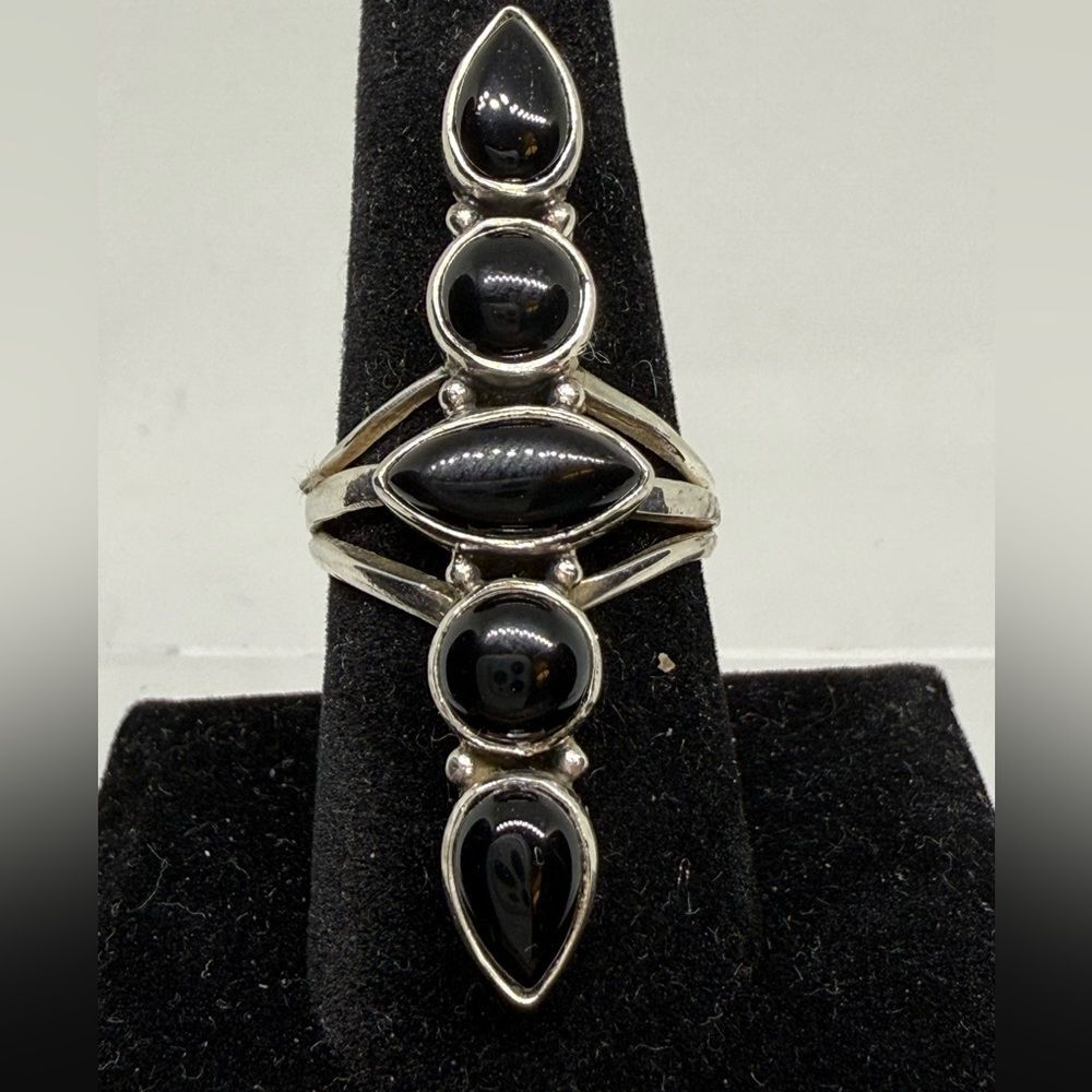 Black Onyx 5 Stone 925 Sterling Silver Ring